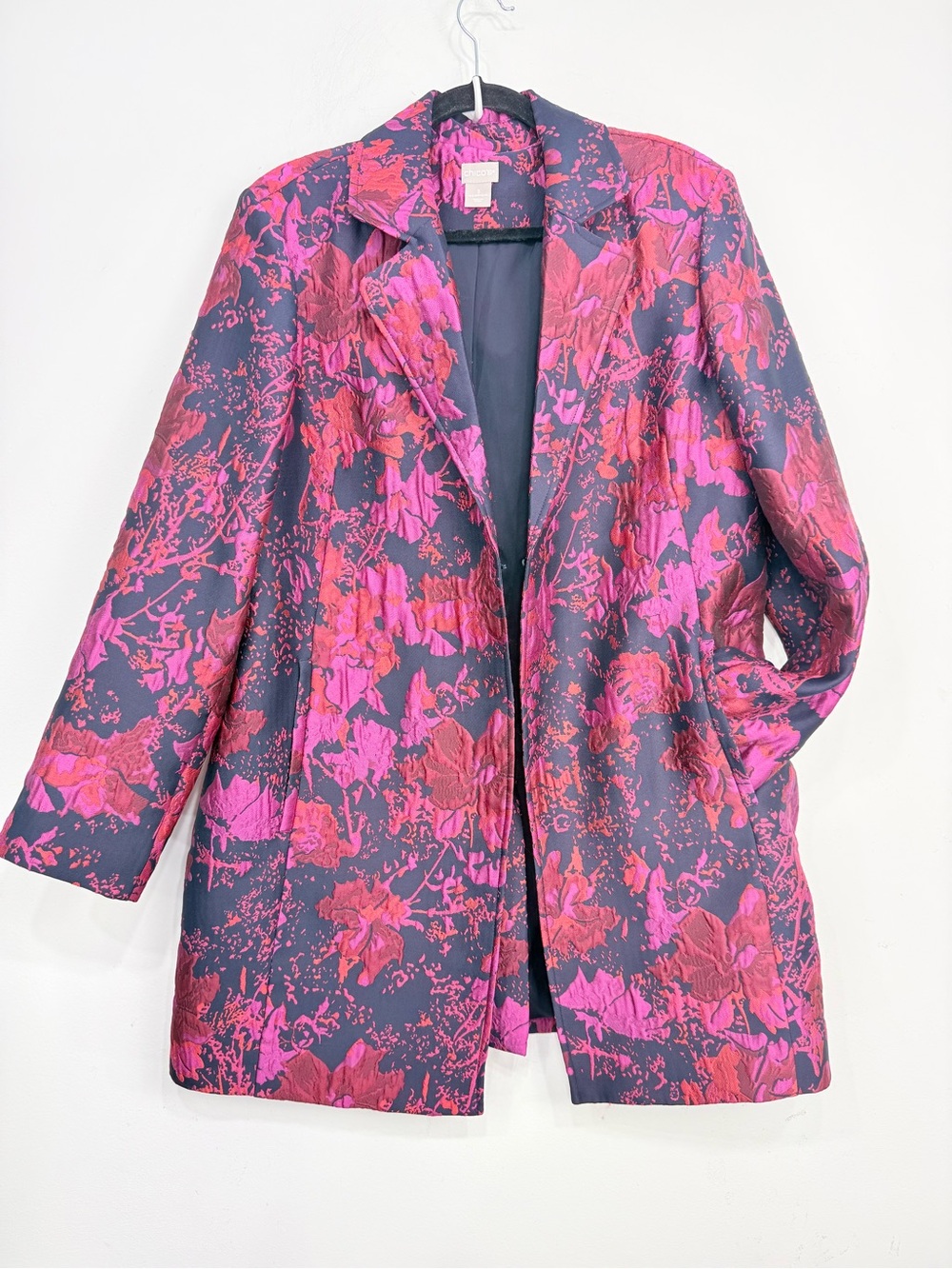 Chico's Navy Blue Pink Floral Jacquard Brocade Long Blazer Collared Jacket